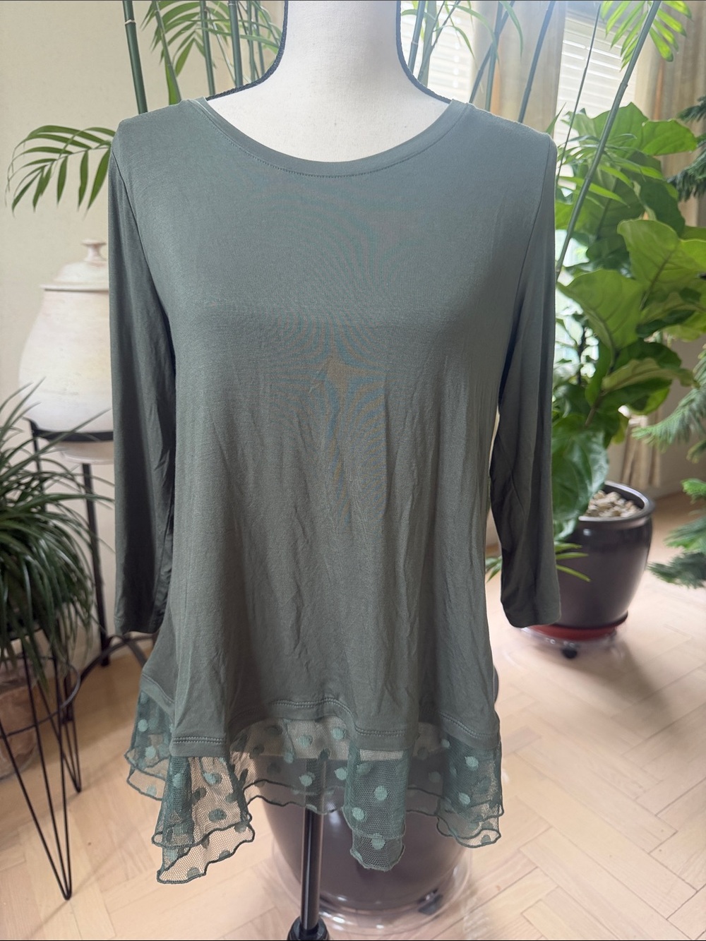 Women's Olive Green Long Sleeve Tee with Polka Dot Mesh Hem